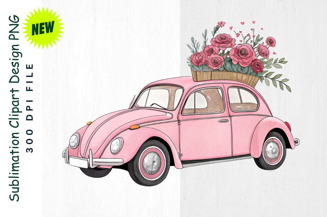 Pink VW Beetle with Flowers and Balloons Sublimation Clipart Sublimation Regulrcrative 