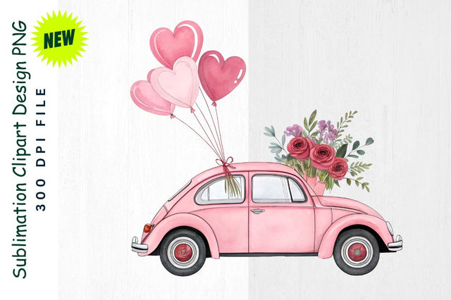 Pink VW Beetle with Flowers and Balloons Sublimation Clipart Sublimation Regulrcrative 