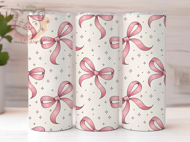 Pink Watercolor Bows 20oz Tumbler, Ribbon Pattern, Charming Design, Soft White Background, Girly Aesthetic, 20oz Tumbler Wrap, Sublimation PNG Sublimation Lara' s Designs 