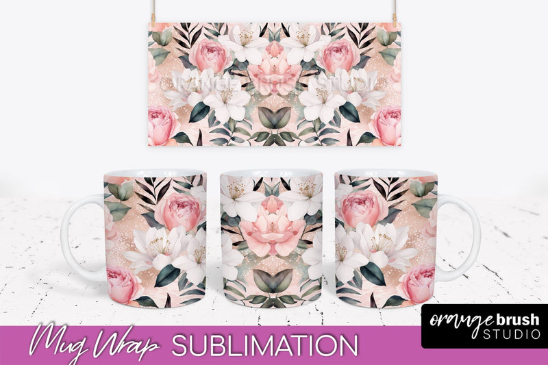 Pink Watercolor Flowers Mug Wrap - Floral Mug Sublimation Sublimation OrangeBrushStudio 