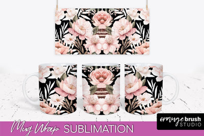 Pink Watercolor Flowers Mug Wrap - Floral Mug Sublimation Sublimation OrangeBrushStudio 