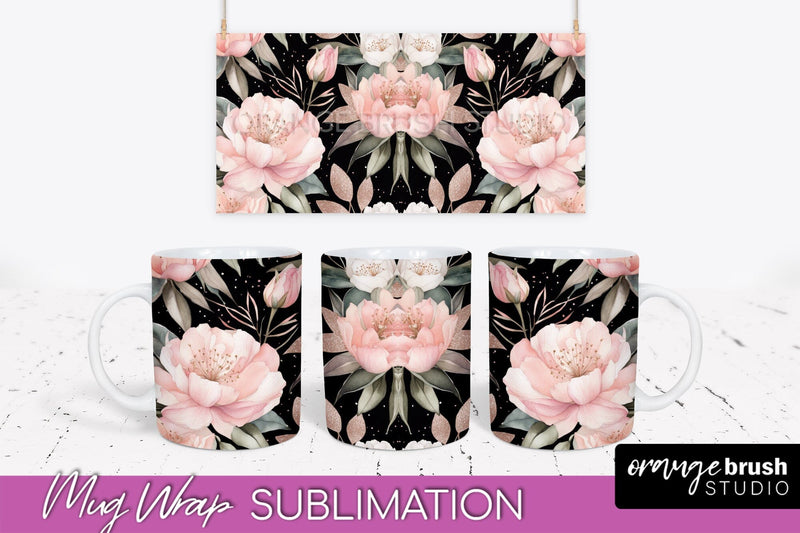 Pink Watercolor Flowers Mug Wrap - Floral Mug Sublimation Sublimation OrangeBrushStudio 