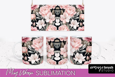 Pink Watercolor Flowers Mug Wrap - Floral Mug Sublimation Sublimation OrangeBrushStudio 