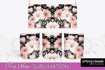 Pink Watercolor Flowers Mug Wrap - Floral Mug Sublimation Sublimation OrangeBrushStudio 