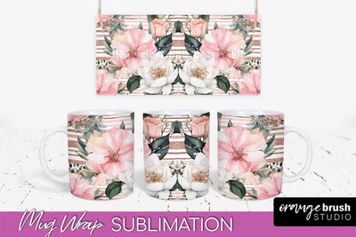 Pink Watercolor Flowers Mug Wrap - Floral Mug Sublimation Sublimation OrangeBrushStudio 