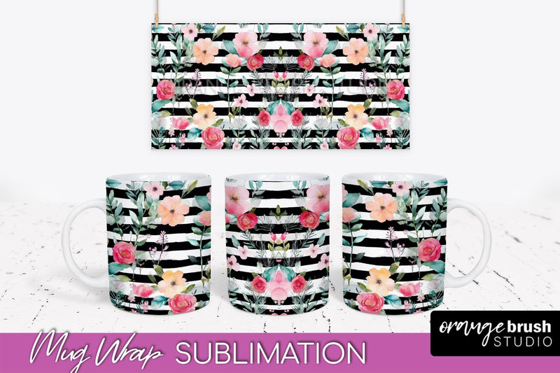 Pink Watercolor Flowers Mug Wrap - Floral Mug Sublimation Sublimation OrangeBrushStudio 