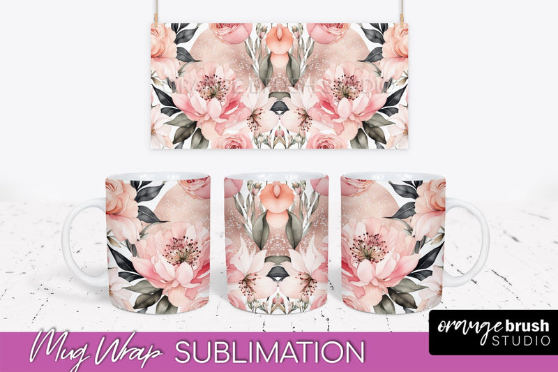 Pink Watercolor Flowers Mug Wrap - Floral Mug Sublimation Sublimation OrangeBrushStudio 
