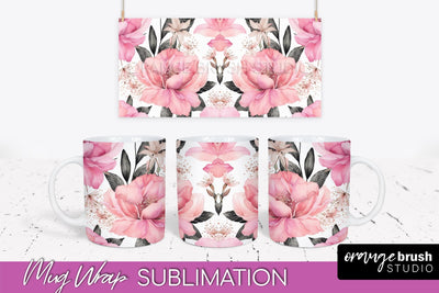 Pink Watercolor Flowers Mug Wrap - Floral Mug Sublimation Sublimation OrangeBrushStudio 