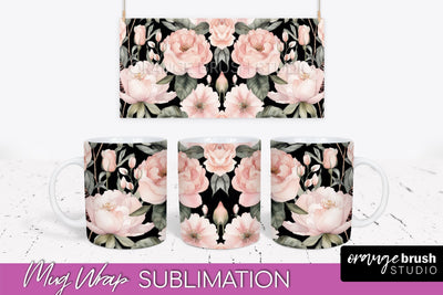 Pink Watercolor Flowers Mug Wrap - Floral Mug Sublimation Sublimation OrangeBrushStudio 