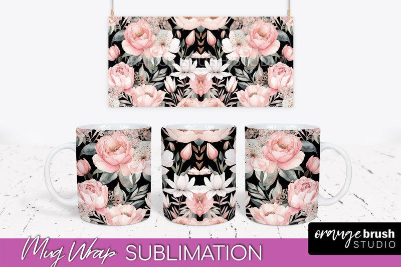 Pink Watercolor Flowers Mug Wrap - Floral Mug Sublimation Sublimation OrangeBrushStudio 