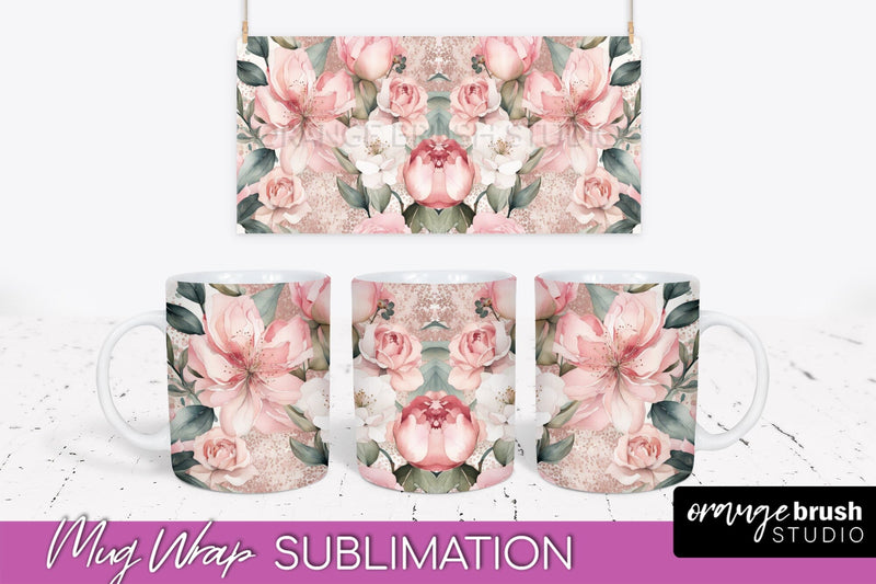 Pink Watercolor Flowers Mug Wrap - Floral Mug Sublimation Sublimation OrangeBrushStudio 