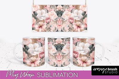 Pink Watercolor Flowers Mug Wrap - Floral Mug Sublimation Sublimation OrangeBrushStudio 