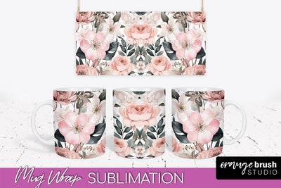 Pink Watercolor Flowers Mug Wrap - Floral Mug Sublimation Sublimation OrangeBrushStudio 