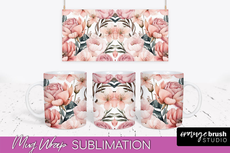 Pink Watercolor Flowers Mug Wrap - Floral Mug Sublimation Sublimation OrangeBrushStudio 