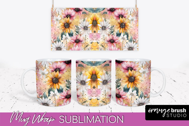 Pink Watercolor Flowers Mug Wrap - Floral Mug Sublimation Sublimation OrangeBrushStudio 
