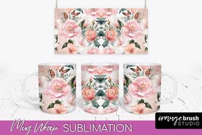 Pink Watercolor Flowers Mug Wrap - Floral Mug Sublimation Sublimation OrangeBrushStudio 
