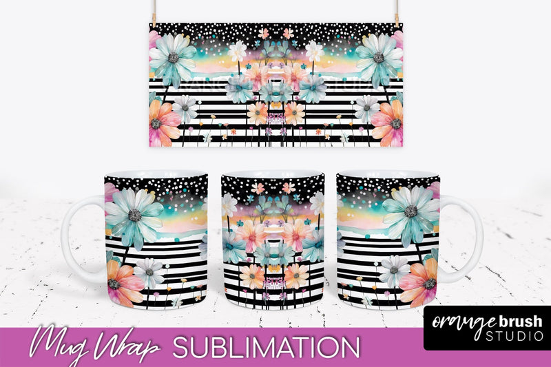 Pink Watercolor Flowers Mug Wrap - Floral Mug Sublimation Sublimation OrangeBrushStudio 
