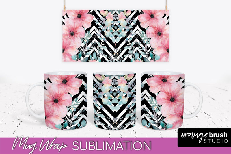 Pink Watercolor Flowers Mug Wrap - Floral Mug Sublimation Sublimation OrangeBrushStudio 