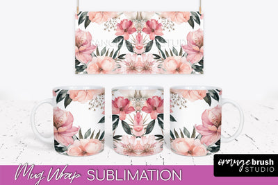 Pink Watercolor Flowers Mug Wrap - Floral Mug Sublimation Sublimation OrangeBrushStudio 