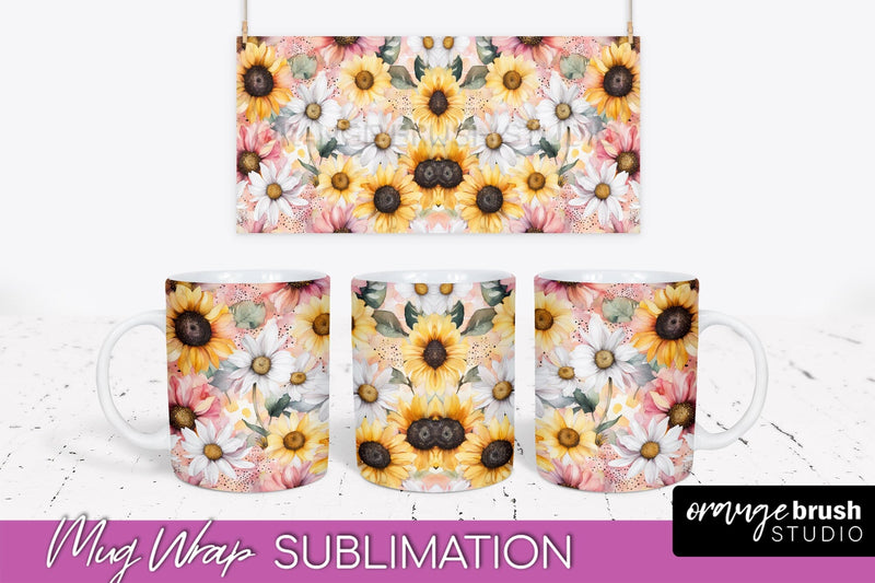 Pink Watercolor Flowers Mug Wrap - Floral Mug Sublimation Sublimation OrangeBrushStudio 