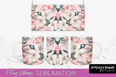 Pink Watercolor Flowers Mug Wrap - Floral Mug Sublimation Sublimation OrangeBrushStudio 