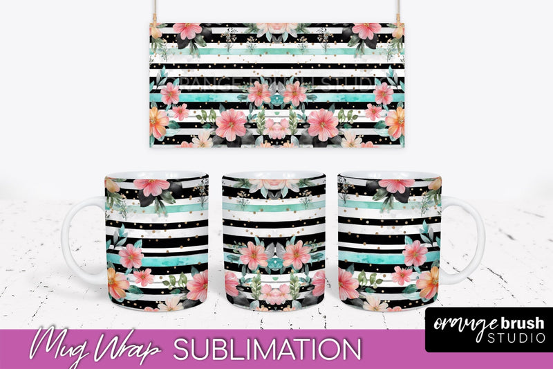 Pink Watercolor Flowers Mug Wrap - Floral Mug Sublimation Sublimation OrangeBrushStudio 