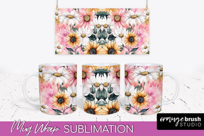 Pink Watercolor Flowers Mug Wrap - Floral Mug Sublimation Sublimation OrangeBrushStudio 