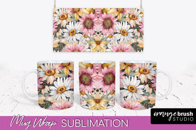 Pink Watercolor Flowers Mug Wrap - Floral Mug Sublimation Sublimation OrangeBrushStudio 