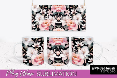 Pink Watercolor Flowers Mug Wrap - Floral Mug Sublimation Sublimation OrangeBrushStudio 