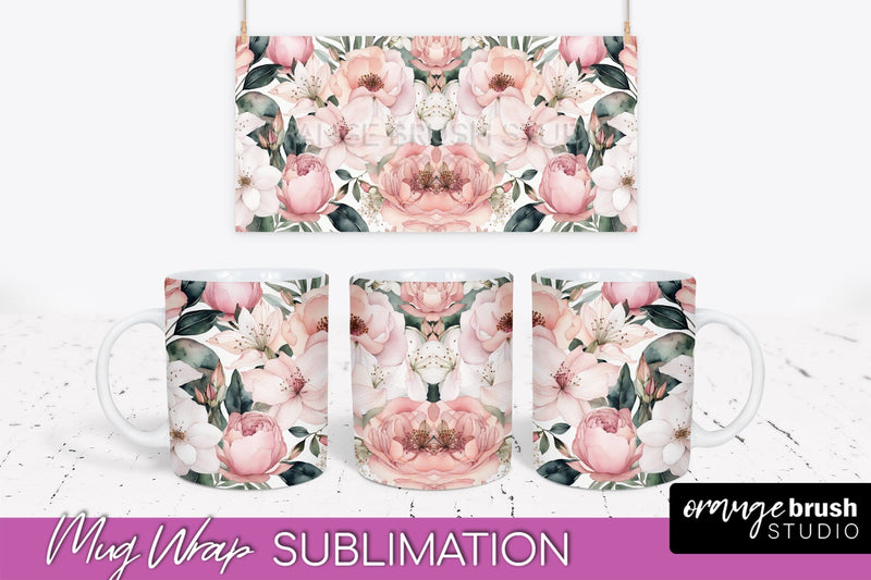 Pink Watercolor Flowers Mug Wrap - Floral Mug Sublimation Sublimation OrangeBrushStudio 