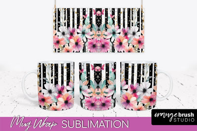 Pink Watercolor Flowers Mug Wrap - Floral Mug Sublimation Sublimation OrangeBrushStudio 