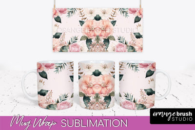 Pink Watercolor Flowers Mug Wrap - Floral Mug Sublimation Sublimation OrangeBrushStudio 