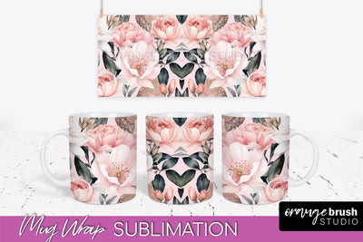 Pink Watercolor Flowers Mug Wrap - Floral Mug Sublimation Sublimation OrangeBrushStudio 