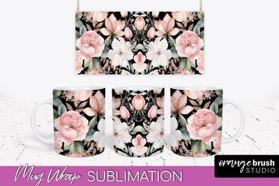 Pink Watercolor Flowers Mug Wrap - Floral Mug Sublimation Sublimation OrangeBrushStudio 