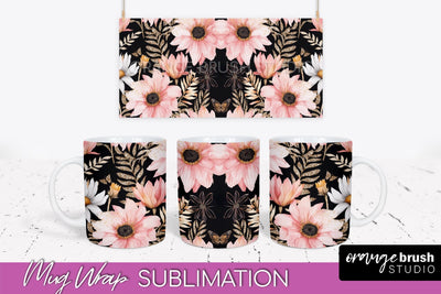 Pink Watercolor Flowers Mug Wrap - Floral Mug Sublimation Sublimation OrangeBrushStudio 