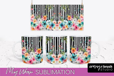 Pink Watercolor Flowers Mug Wrap - Floral Mug Sublimation Sublimation OrangeBrushStudio 