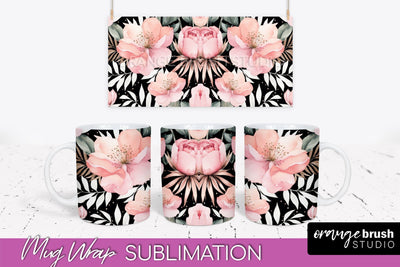 Pink Watercolor Flowers Mug Wrap - Floral Mug Sublimation Sublimation OrangeBrushStudio 