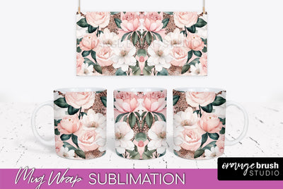 Pink Watercolor Flowers Mug Wrap - Floral Mug Sublimation Sublimation OrangeBrushStudio 