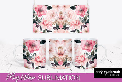 Pink Watercolor Flowers Mug Wrap - Floral Mug Sublimation Sublimation OrangeBrushStudio 