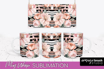 Pink Watercolor Flowers Mug Wrap - Floral Mug Sublimation Sublimation OrangeBrushStudio 