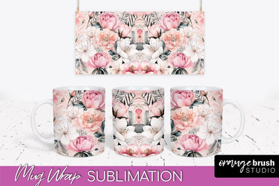 Pink Watercolor Flowers Mug Wrap - Floral Mug Sublimation Sublimation OrangeBrushStudio 