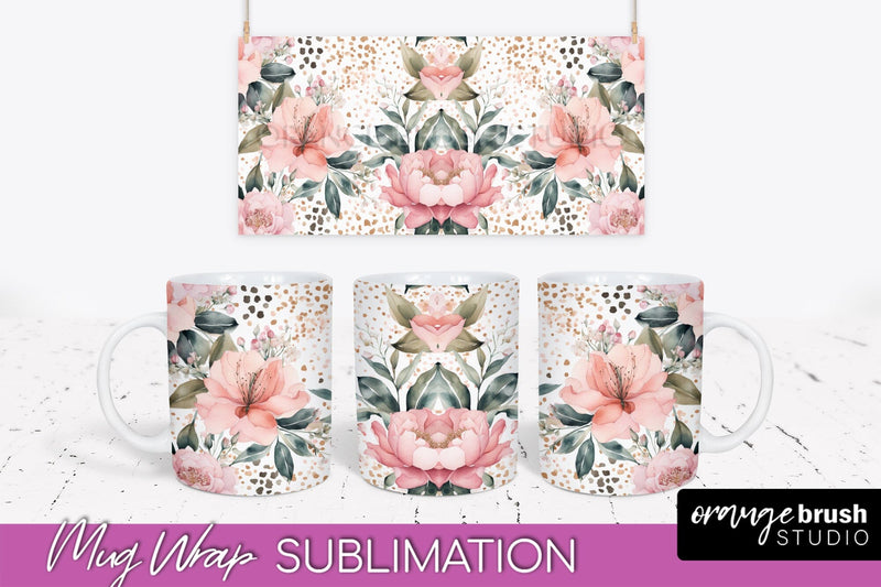 Pink Watercolor Flowers Mug Wrap - Floral Mug Sublimation Sublimation OrangeBrushStudio 