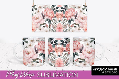 Pink Watercolor Flowers Mug Wrap - Floral Mug Sublimation Sublimation OrangeBrushStudio 