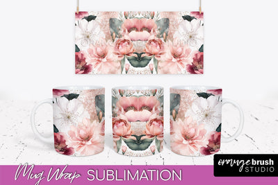 Pink Watercolor Flowers Mug Wrap - Floral Mug Sublimation Sublimation OrangeBrushStudio 