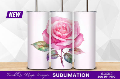Pink watercolor rose flower with leaves clipart png Sublimation Regulrcrative 