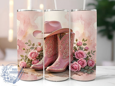 Pink Western Boots & Roses 20oz Tumbler, Pink Western Motif, Boots And Roses Design, Country Theme, Rustic Accent, Feminine Charm, Sublimation Wrap, 20oz Tumbler Sublimation ToriDesigns 