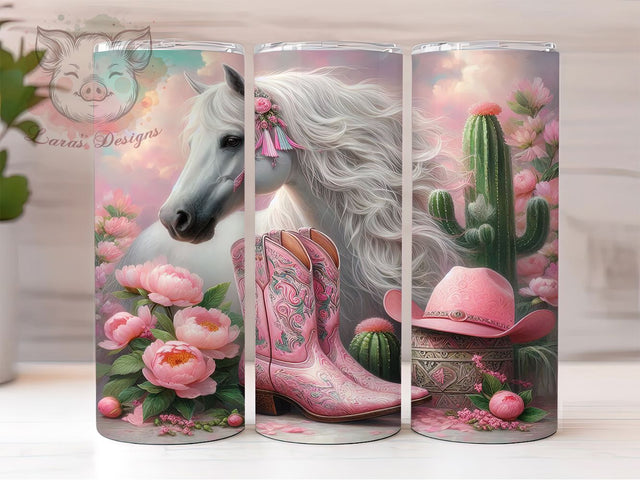 Pink Western Cowgirl Horse Tumbler, Western Boots Pattern, Pink Rodeo Design, 20Oz Sublimation Wrap, Rustic Cowgirl Art, Country Western Texture, Tumbler Sublimation Sublimation Lara' s Designs 