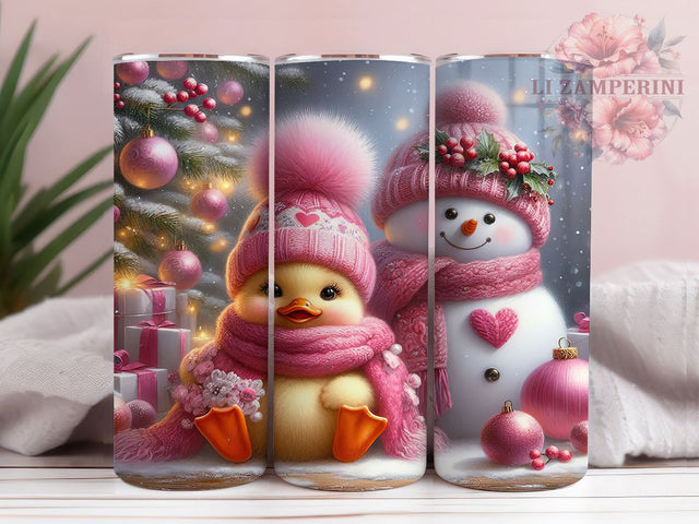 Pink Whimsical Christmas Goose Tumbler, Cute Holiday Snowman Wrap, 20Oz Skinny Tumbler, Festive Tree Sublimation, Cozy Winter Goose Design, Whimsical Christmas Tumbler, Holiday Farmhouse Wrap Sublimation Li Zamperini 