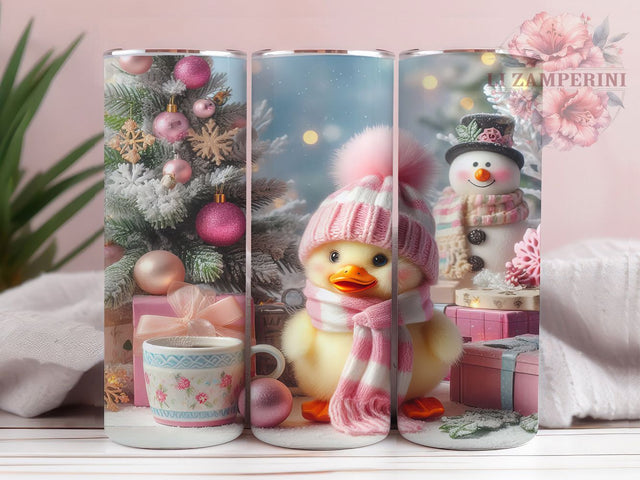 Pink Whimsical Christmas Goose Tumbler, Cute Holiday Snowman Wrap, 20Oz Skinny Tumbler, Festive Tree Sublimation, Cozy Winter Goose Design, Whimsical Christmas Tumbler, Holiday Farmhouse Wrap Sublimation Li Zamperini 