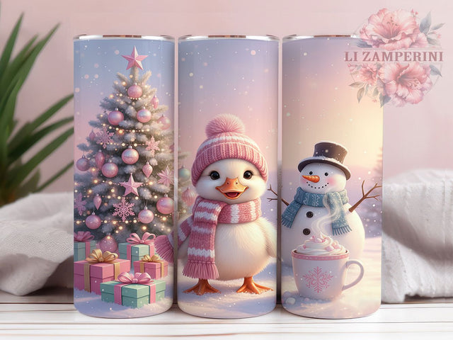 Pink Whimsical Christmas Goose Tumbler, Cute Holiday Snowman Wrap, 20Oz Skinny Tumbler, Festive Tree Sublimation, Cozy Winter Goose Design, Whimsical Christmas Tumbler, Holiday Farmhouse Wrap Sublimation Li Zamperini 